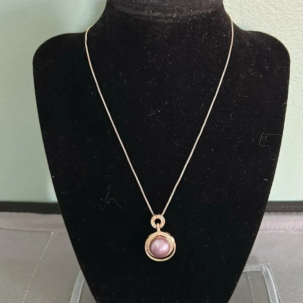 18K Gold Plated Necklace with faux pearl and rhinestone pendant